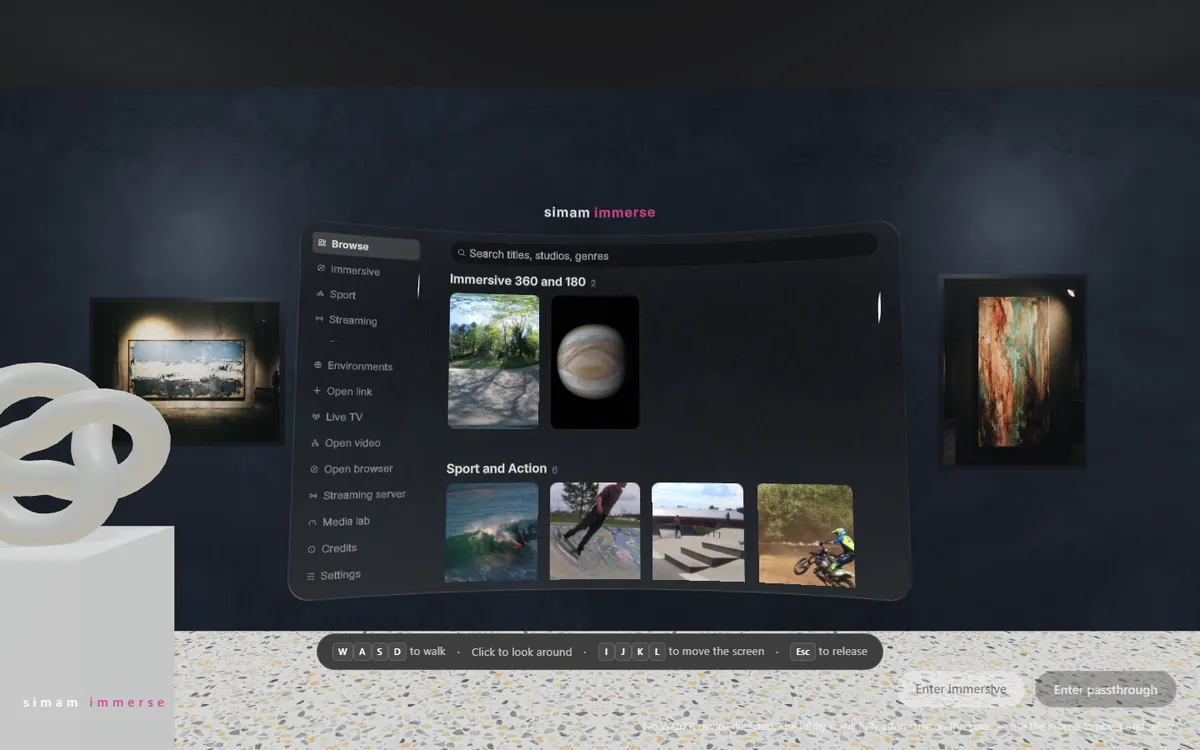 Simam Immerse virtual gallery with a floating media browser of 360 and 180 degree videos