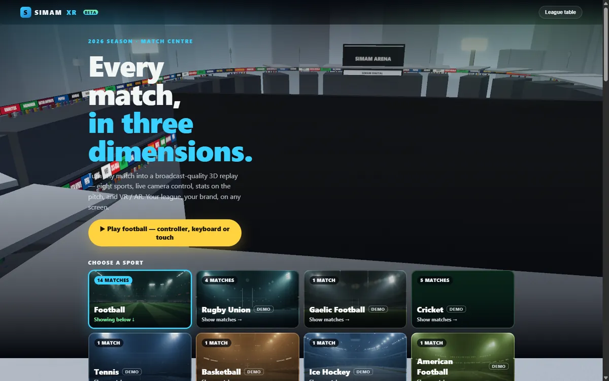 Simam XR match centre with a 3D football stadium
