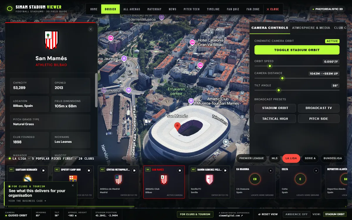 Stadium Viewer showing San Mamés in photorealistic 3D
