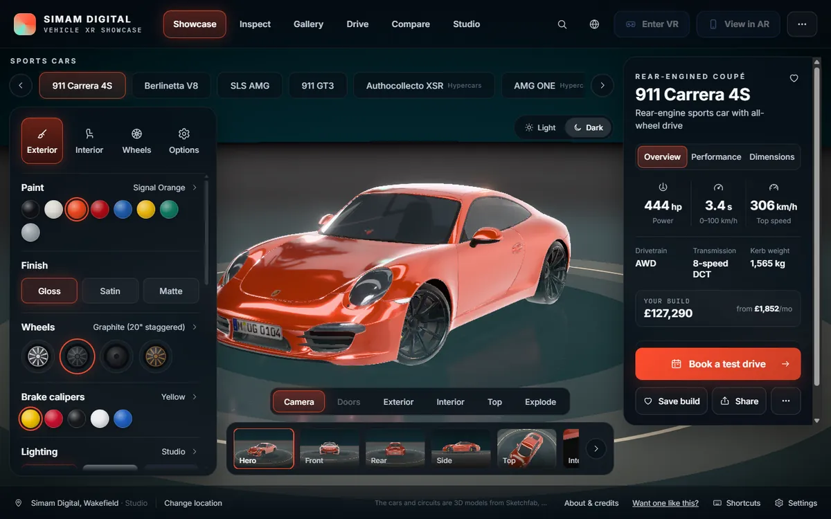 Vehicle XR Showcase configurator with an orange sports car