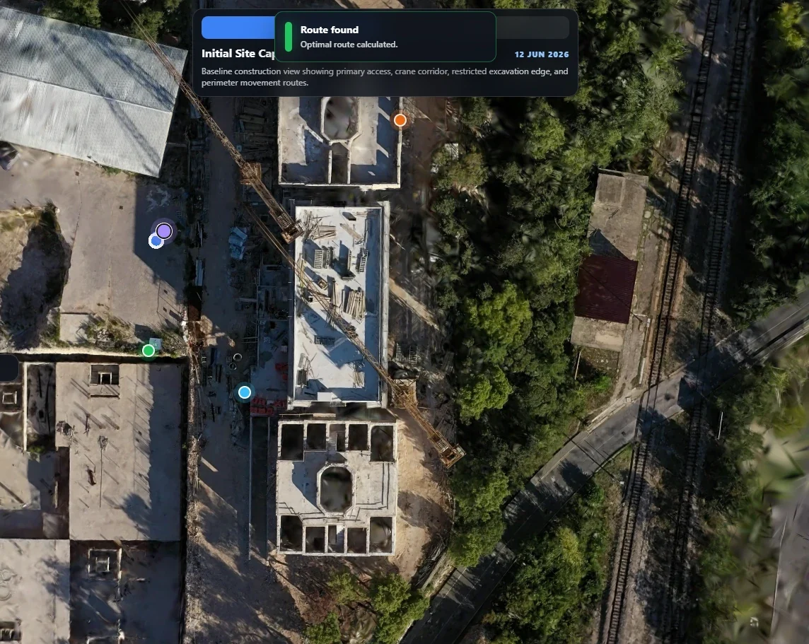 Magnopus construction site viewer showing a drone capture with points of interest and a found route