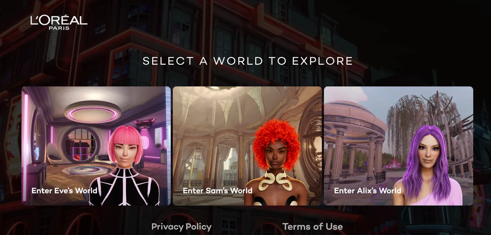 L&rsquo;Or&eacute;al Paris MetaVivids world picker with three avatars, Eve, Sam and Alix, each leading into their own 3D world