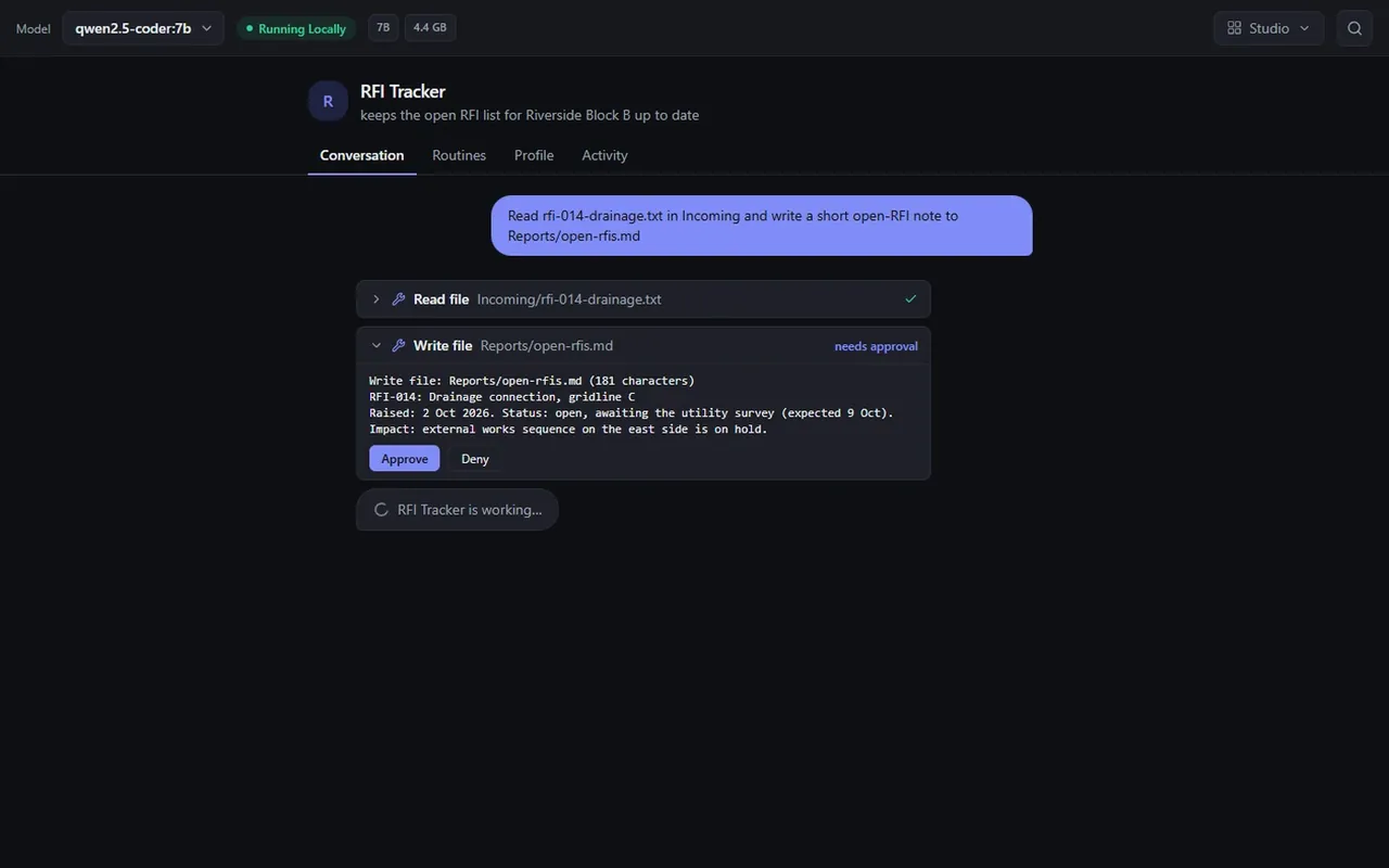 Offline AI teammate paused mid-task, showing the note it wants to write with Approve and Deny buttons